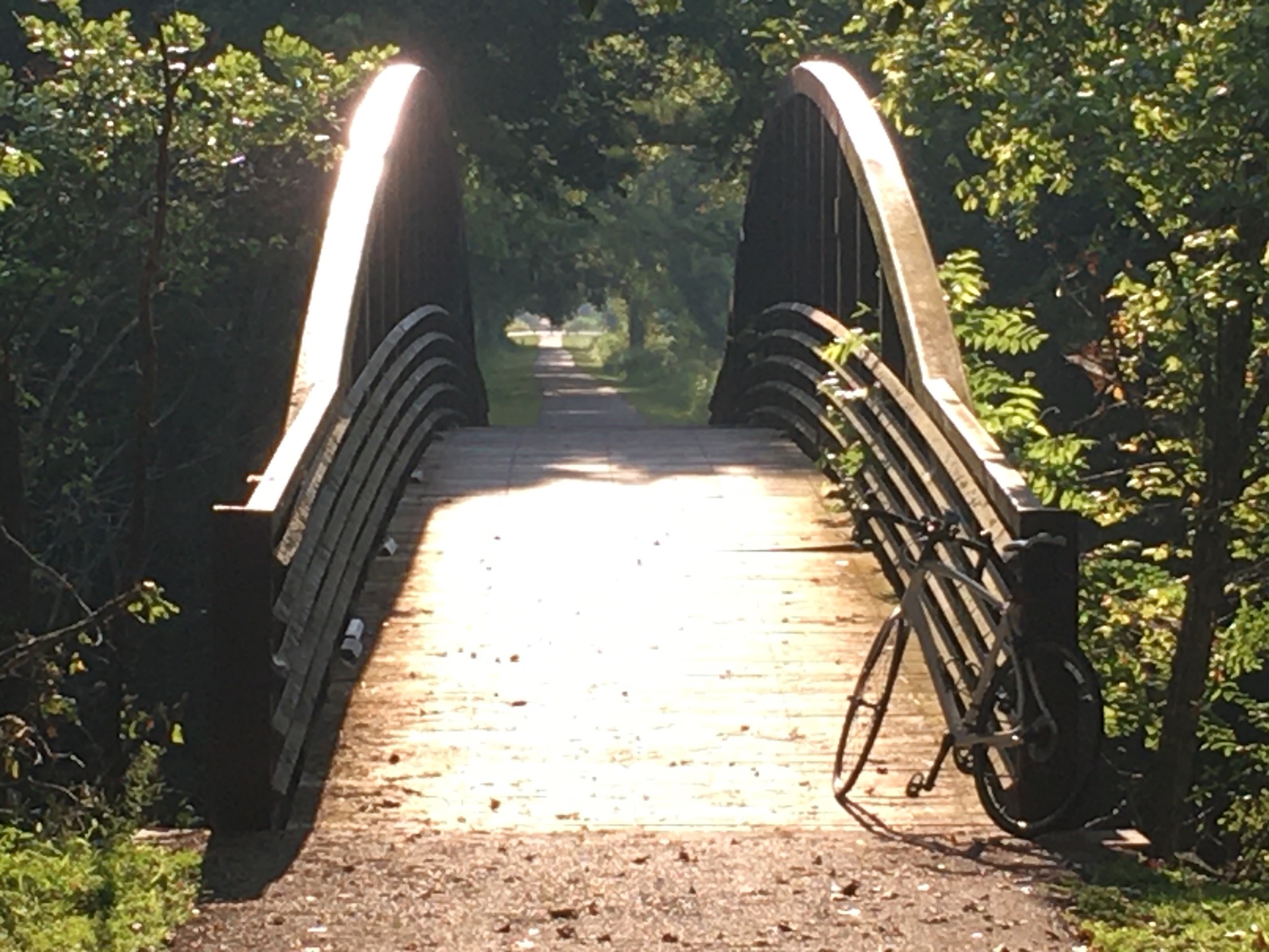 Sunlit bridge along a wooded rail trail with a bike leaning on the rail